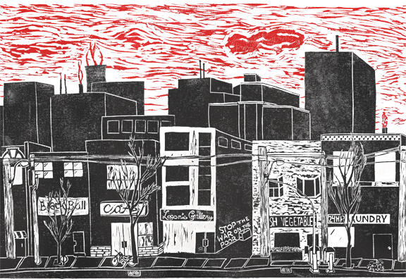 Rubber stamp on paper. Black and white urban streetscape. between an art gallery and vegetable market there is a small alley that's partially visible. Graffiti on gallery wall in alley says “stop the war on the poor”. behind buildings are the outlines of the large skyscrapers. Red and white sky above.