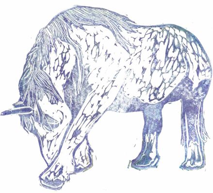 Rubber stamp. Indigo ink on white paper. Unicorn head is bent down, nose touching ground. Front left hoof placed in front of nose, partially concealing it as if the Unicorn is sad or ashamed.