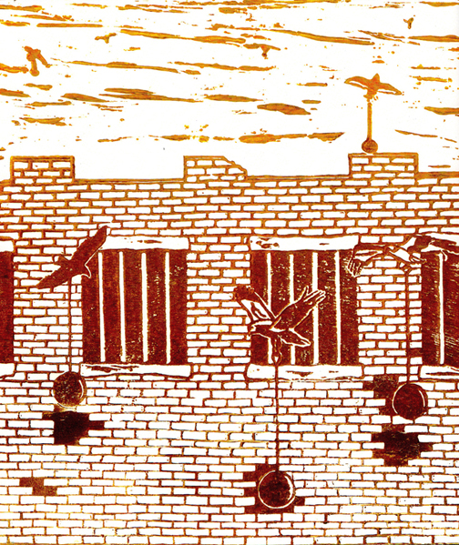 Eagles, crows and osprey Knock pulls in a prison with wrecking balls. Sepia to chocolate Brown gradient.