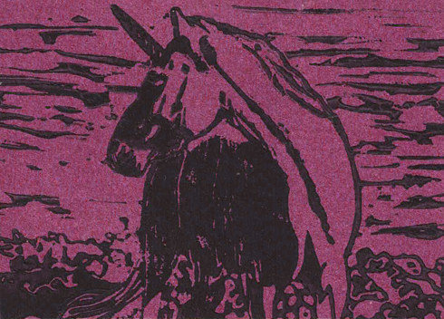 Black ink, fuchsia paper. Unicorn looks over its shoulder to the left. Field of flowers behind it. Active sky in the background (wind lines created with cutting design into rubber).