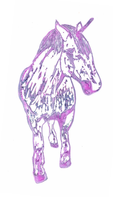 Untitled Unicorn #3 - Rubber stamp. Pink and purple ink on white paper. Unicorn standing view from the front head slightly tilted to the right. Only three legs of the Unicorn are visible. Possible back leg is obscured by front leg, possible this Unicorn has three legs rather than four.