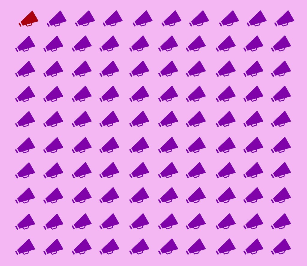 1 red megaphone, 99 purple megaphones